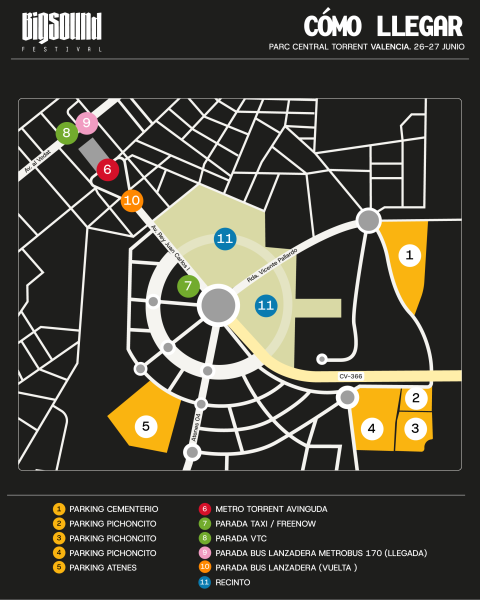 Plano de los espacios para los distintos sistemas de transporte para acceder al evento del Parc Central de Torrent.