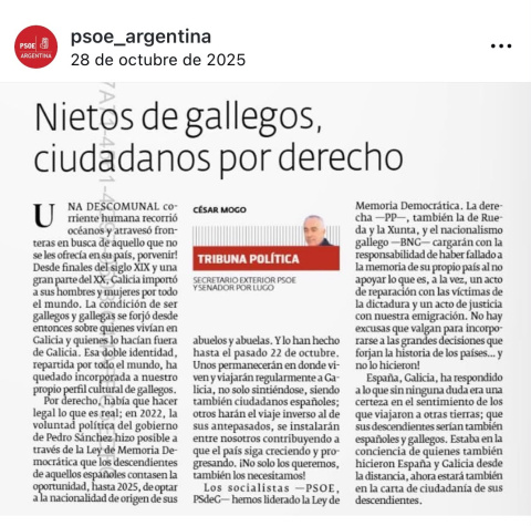 Artículo del PSOE de Argentina defendiendo la Ley de Nietos y el voto