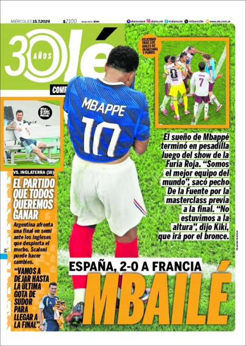 Portada del diario argentino Olé