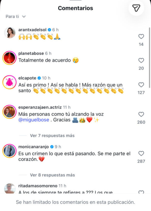 Comentarios a la publicación de Miguel Bosé.