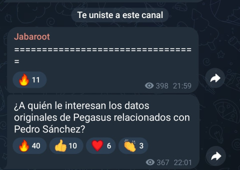 Telegram de los hackers de Jabaroot anunciando el Pegasus de Sánchez