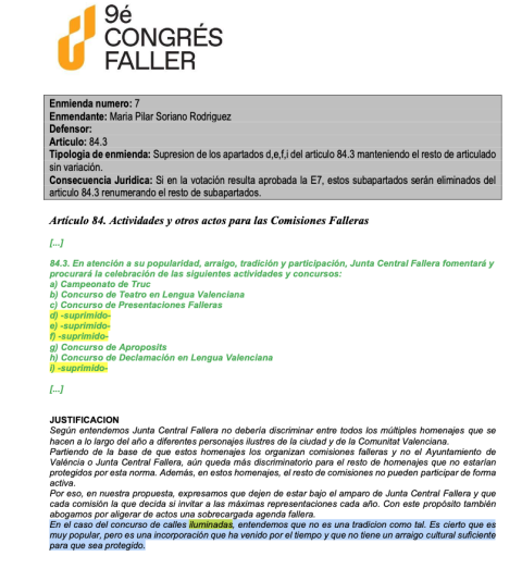 Enmienda de Pilar Soriano de Compromís al Congreso Fallero
