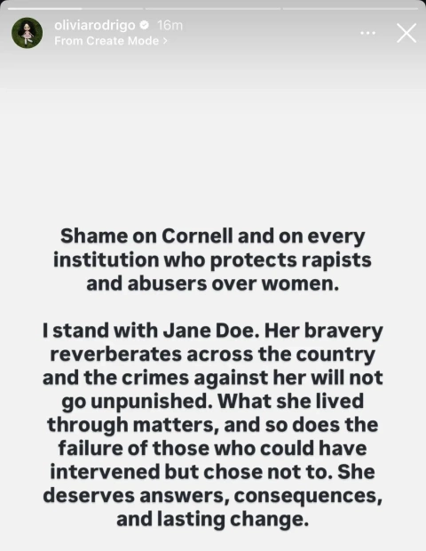Captura de la historia de Instagram de Olivia Rodrigo sobre Jane Doe