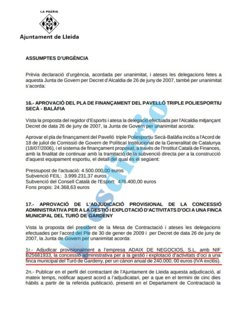 Acta oficial de la Junta de Gobierno de Lérida del 5 de mayo de 2009.