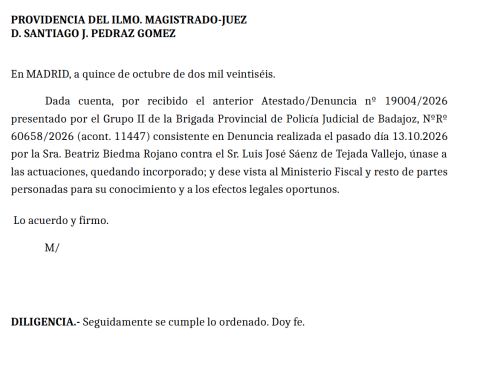 La portada de la providencia de la denuncia de la juez Biedma