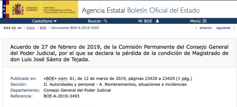 Acuerdo del CGPJ publicado en el BOE por el que perdió su condición de magistrado