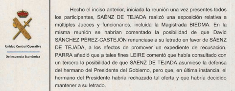 Fragmento del informe de la UCO sobre la posible incorporación de Sáenz de Tejada a la defensa de David Sánchez
