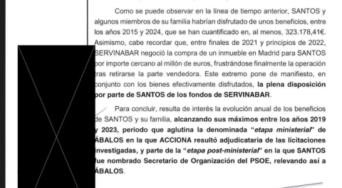 La UCO cifra en al menos 323.178,41 euros los beneficios disfrutados por Santos Cerdán y miembros de su familia entre 2015 y 2024 y señala