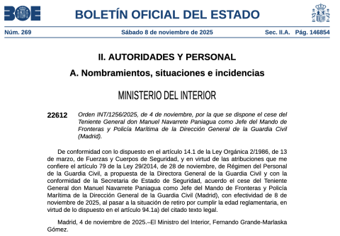 El BOE publicó el 8 de noviembre de 2025 el cese por jubilación de Manuel Navarrete como jefe del Mando de Fronteras y Policía Marítima