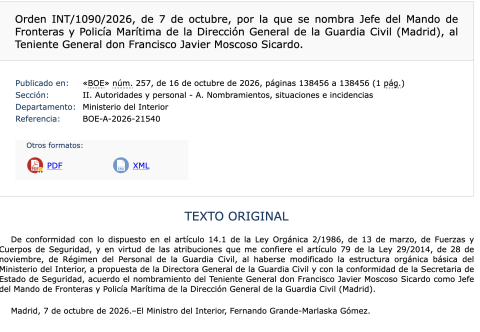 Marlaska firmó el 7 de octubre de 2026 el nombramiento de Francisco Javier Moscoso; el BOE lo ha publicado este viernes 16 de octubre