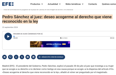 Titular de EFE sobre la decisión de Pedro Sánchez de no declarar